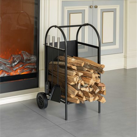 Gardenised Indoor and Outdoor Patio Iron Firewood Log Cart with Wheels and Fireplace Tool Set, Black QI004553